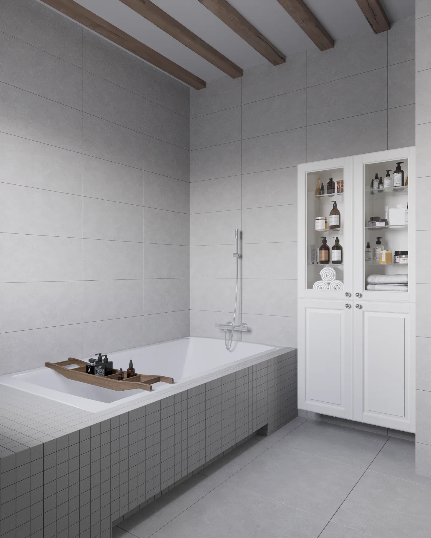 Wheat Ears country house, bathroom with bathtub and white glass-door cabinet, منطقة موسكو، روسيا