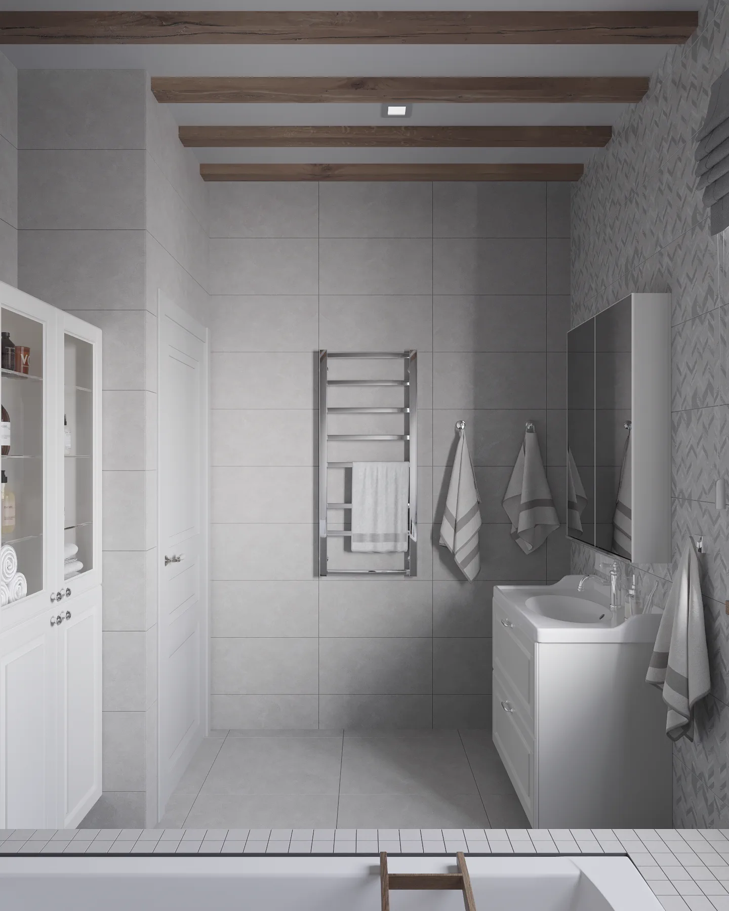 Wheat Ears country house, bathroom with towel warmer and grey vanity, منطقة موسكو، روسيا