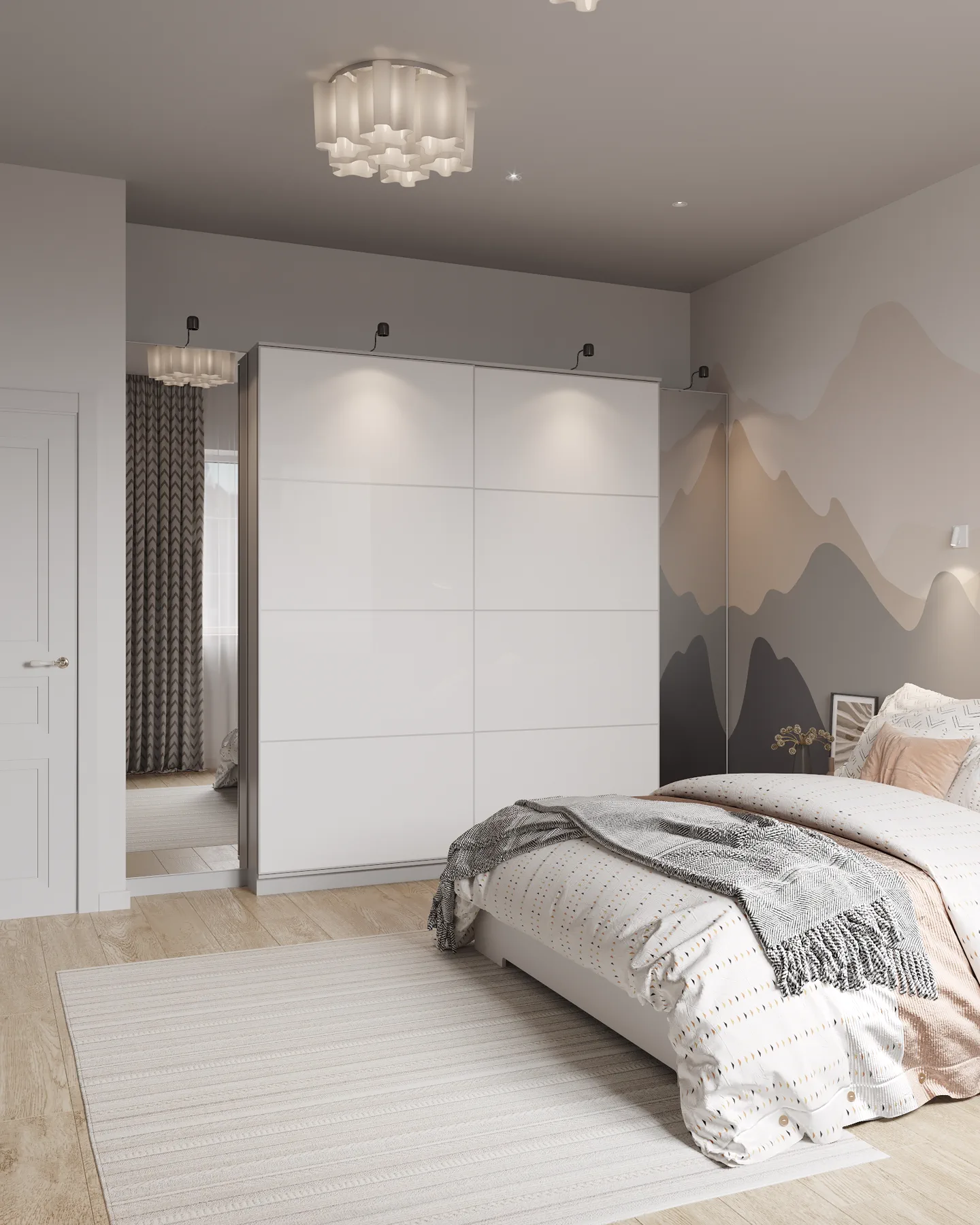 Wheat Ears country house, children's bedroom with white sliding wardrobe and mountain mural, منطقة موسكو، روسيا