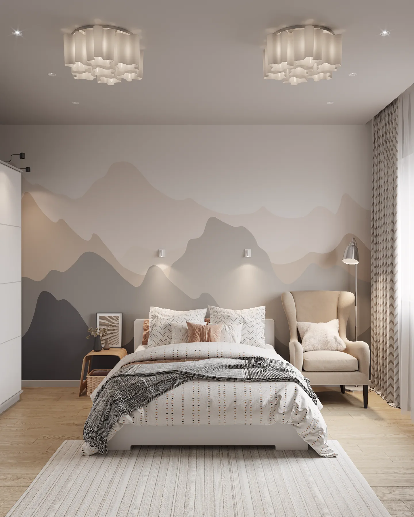 Wheat Ears country house, children's bedroom with mountain mural and armchair, منطقة موسكو، روسيا