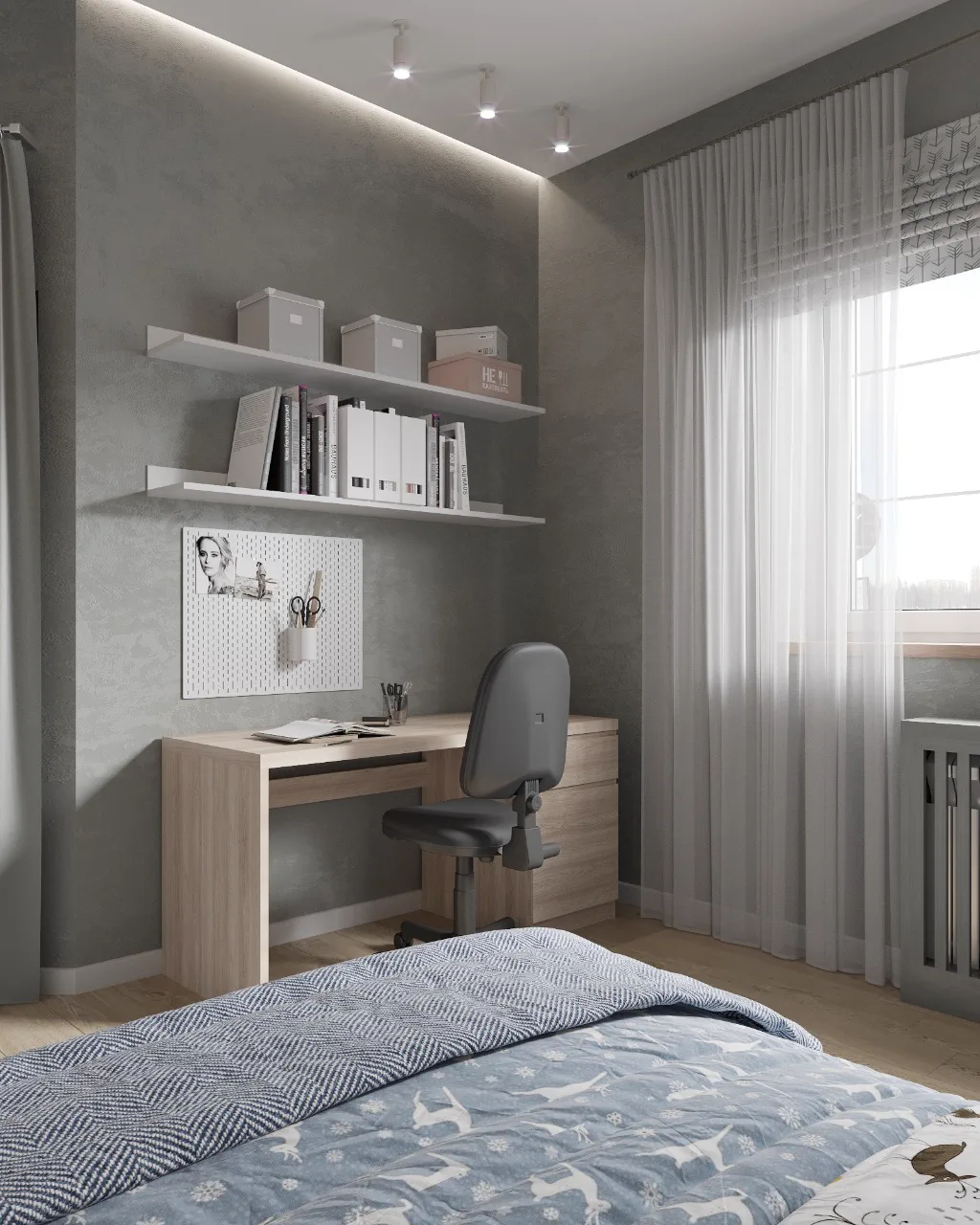 Wheat Ears country house, children's bedroom with grey wall and desk, منطقة موسكو، روسيا