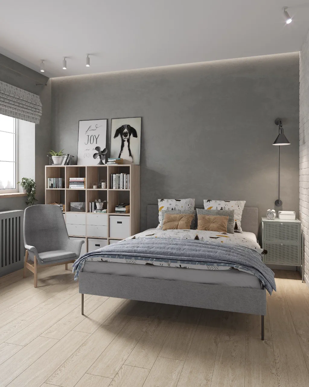 Wheat Ears country house, children's bedroom with grey bed and posters, منطقة موسكو، روسيا