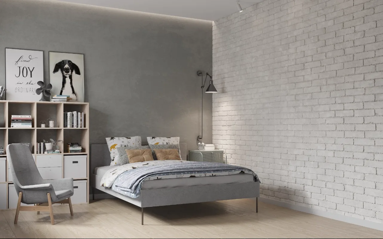 Wheat Ears country house, children's bedroom with white brick wall, منطقة موسكو، روسيا